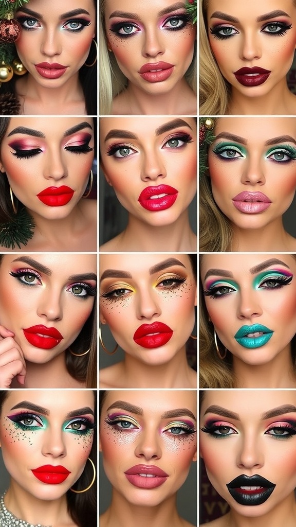 A festive collage of 12 Christmas makeup looks with vibrant colors and glitter.